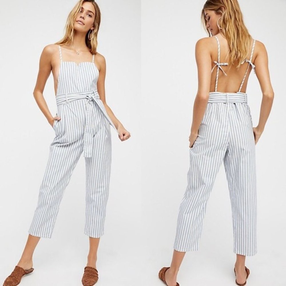 Free People Isabelle Pegged One-Piece Jumpsuit Sleeveless Blue White Size Large